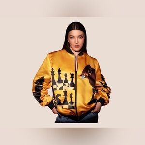 NWT one of a kind Gold and Black Chess Print Bomber Jacket